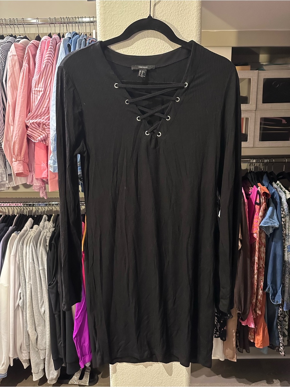 Black Lace-Up Ribbed Long Sleeve Dress